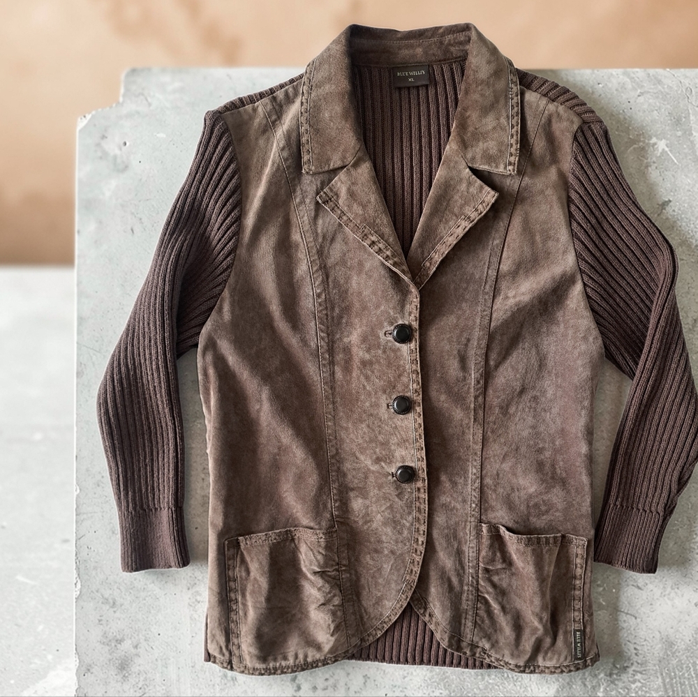Blue Willi's Suede and Cotton Brown Blazer with Knit Sleeves
